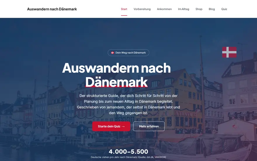 Startseite von auswandern-nach-daenemark.de: Ratgeberportal zum Auswandern