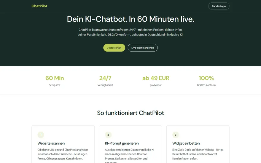 Startseite von chatpilot.rconsult.biz: Produktseite für einen KI-Chatbot