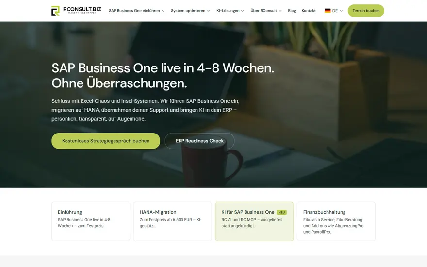 Startseite von rconsult.biz: dreisprachiger Auftritt für SAP-Business-One-Beratung