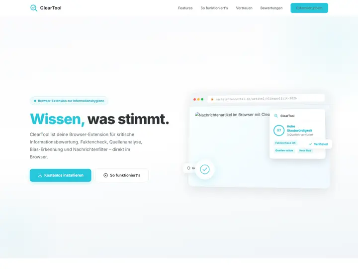 Startseite der Designstudie cleartool: Browser-Extension
