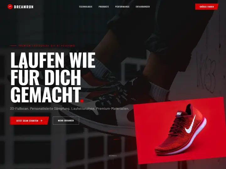 Startseite der Designstudie dreamrun: KI-Laufschuhe