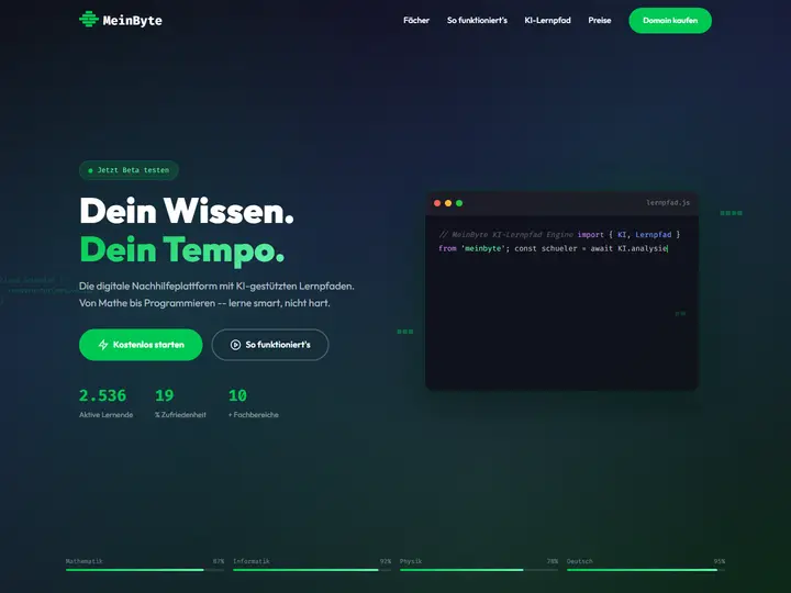 Startseite der Designstudie meinbyte: Nachhilfeplattform