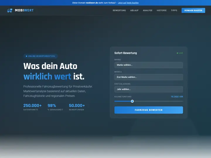 Startseite der Designstudie mobiwert: Fahrzeugbewertung