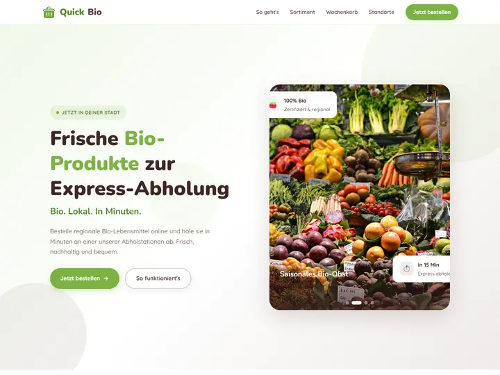 Startseite der Designstudie quickbio: Bio-Expressmarkt