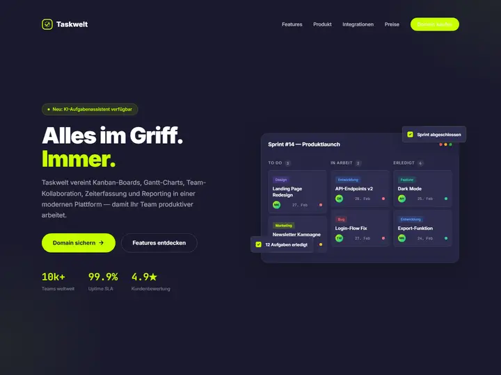 Startseite der Designstudie taskwelt: Projektmanagement