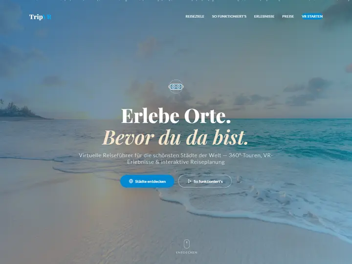Startseite der Designstudie tripvr: VR-Reiseführer